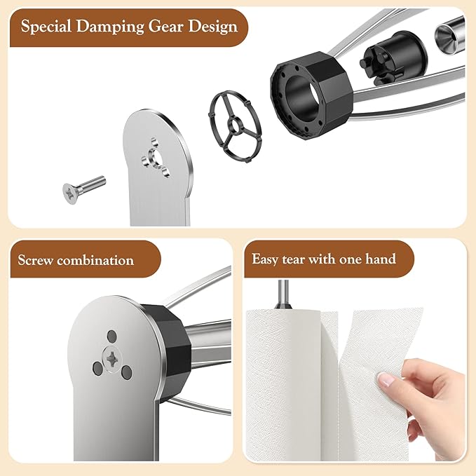 Paper Towel Holder Under Cabinet + Towel Robe Hooks, Single Hand Operable Under