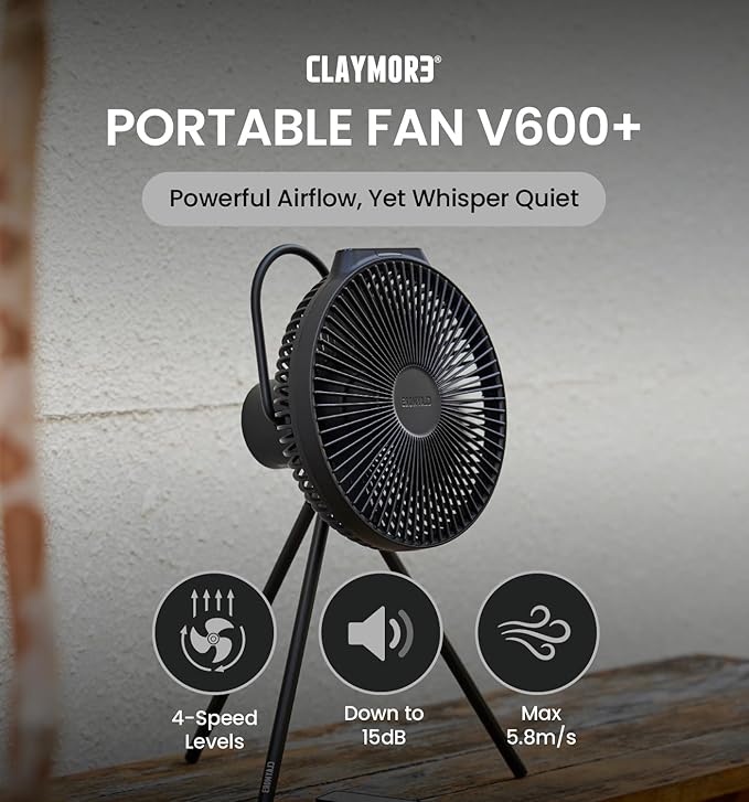 Claymore V600+ Black Rechargeable Portable Fan ??7,800mAh Battery, 4-Speed BLDC Ultra-Quiet Air Circulator USB-C Charging 32 Hrs Runtime Tripod Mountable Adjustable for Camping, Indoor, Outdoor