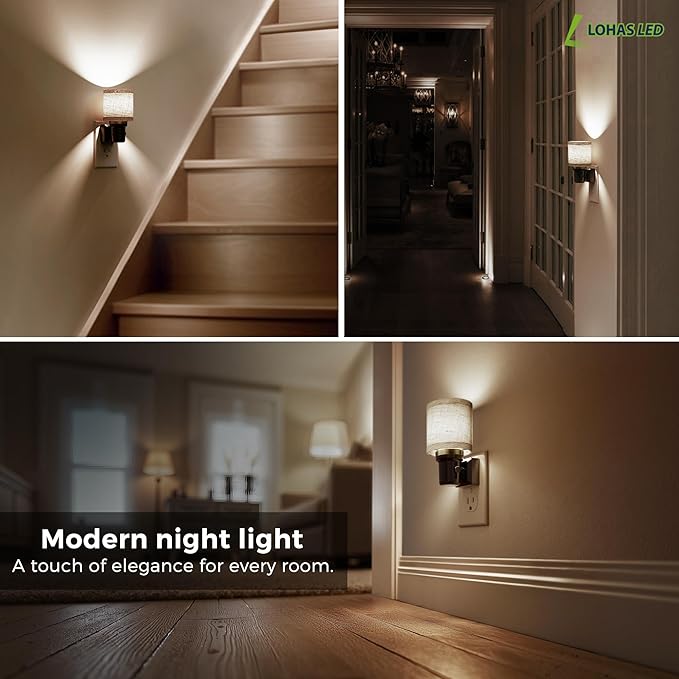 L LOHAS LED Night Lights Plug into Wall, 2 Pack Linen Fabric Cylinder Decor
