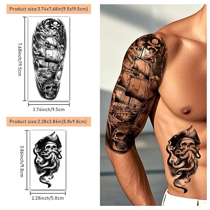 77 Sheets Pirate Skull Temporary Tattoo for Women Men, 17 Sheets Half Arm Large Flower Skeleton Octopus Fake Tattoos, 60 Sheets Anchor Clock Black Tiny for Adult Kids Body Tattoos Stickers Realistic