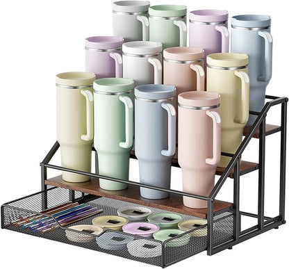 MOJOHAND Water Bottle Organizer for Stanley, 4-Tier 12 Bottles Rack with Storage Basket for Cup Accessories, Large Tumbler Holder Stand, Water Bottle Holder Wine Rack
