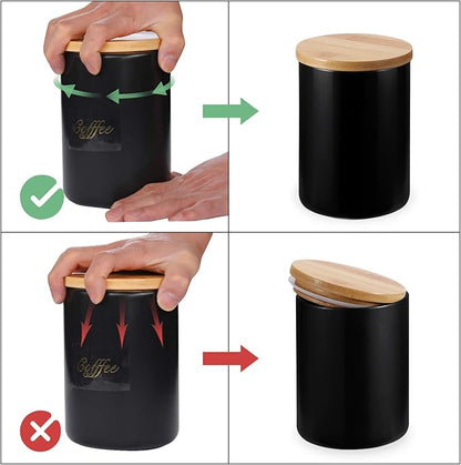 Yangbaga Black Ceramic Canister Set for Kitchen-Set of 3 Kitchen Canisters for Countertop with Airtight Wood,Large Kitchen Storage for Flour,Suger,Coffee-Modern Countertop Decor