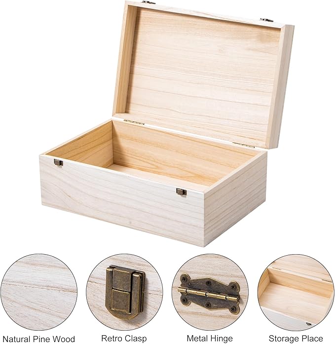 Wooden Storage Box with Hinged Lid and Front Clasp, 14''x9.4''x5.9'' Large Wood Storage Box Boxes Wood Gift Boxes for Crafts Art Hobbies and Valentine's Day Decoration