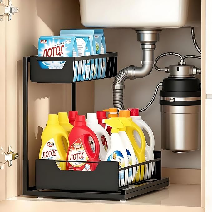 Ceetug Under Kitchen Sink Organizers and Storage Pull Out 2 Tier Metal Bathroom