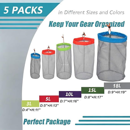 Alemon Small to XXlarge 5 Pcs Drawstring Mesh Stuff Sack, Ditty Bags Storage Pouch Bags Sleeping Bag for Travel Camping Hiking, Ultralight, Set of 5
