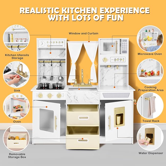 JOYLDIAS Play Kitchen, Wooden Kids Play Kitchen Playset Chef Pretend Play Set for Toddlers w/Ice Cube Dispenser, Oven, Cooking Accessories,Trendy Home Style w/Curtains, Storange Box, Gift for Ages 3+
