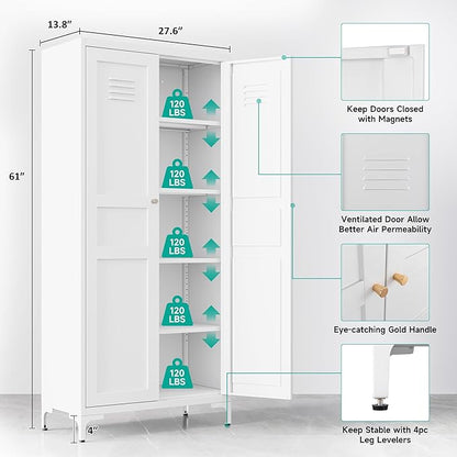 SISESOL Metal Storage Cabinet with Doors and Shelves,White Storage Cabinet with Leg & Vent Hole,Food Pantry Cabinets,5 Tier Metal Pantry,Tall Large Cupboard for Home,Kitchen,Dining/Living/Laundry Room