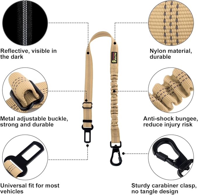 Plutus Pet Dog Seat Belt for Car, Adjustable Dog Car Harness with Carabiner Clip, Reflective Safety Dog Seatbelt Leash with Elastic Bungee, Beige