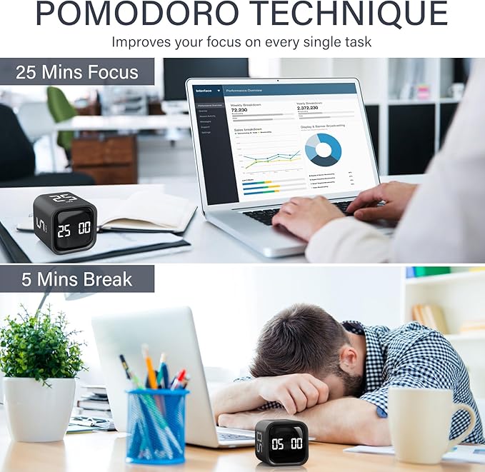 Rotating Pomodoro Timer 5, 10 50 Minutes Preset, Desk Productivity Flip Timer