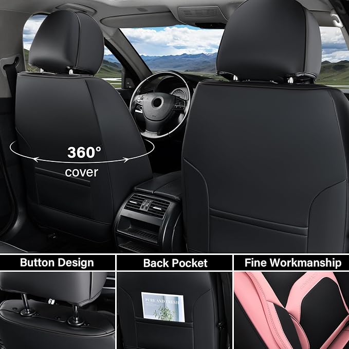 Coverado Seat Covers, Car Seat Covers Front Seats, Nappa Leather Seat Covers for Cars, Waterproof Car Seat Protector with Lumbar Support, Front Seat Covers Universal Fit for Most Cars (Black&Pink)