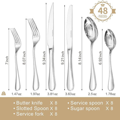 KINGSTONE 48 Piece Teardrop Silverware Set with Steak Knives, 18/10 Stainless Steel Flatware Set for 8, Modern Design Cutlery Set for Home/Hotel/Wedding,Mirror Polished and Dishwasher Safe