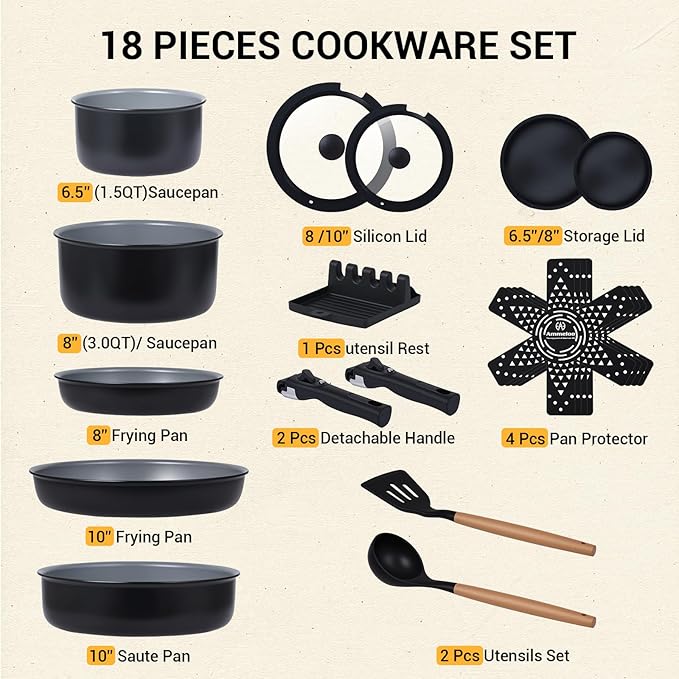 Ammeloo 18-Piece Ceramic Pots and Pans Set Non Stick, Non Toxic Cookware Set