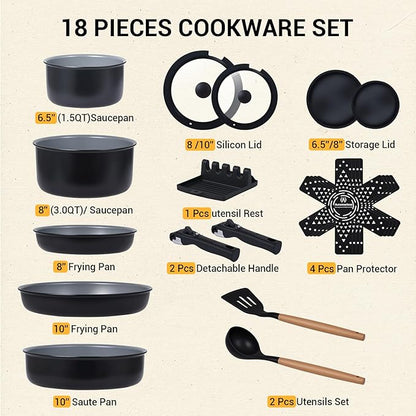 Ammeloo 18-Piece Ceramic Pots and Pans Set Non Stick, Non Toxic Cookware Set