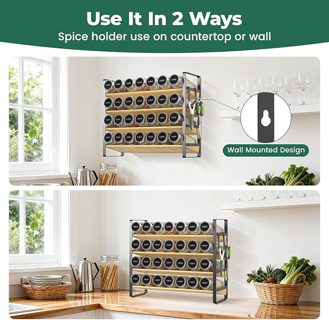 EsLuker.ly Spice Seasoning Rack Organizer Kitchen Countertop, 4 Tier Bamboo