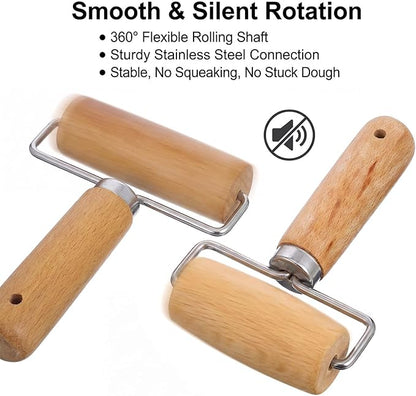 2 Pcs Pastry Roller, Wooden Rolling Pins Pizza Dough Roller Non-Stick Mini