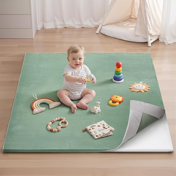 Blissful Diary Ultra Soft Baby Play Mat, 50x50 Floor Mat with Removable & Washable Slip-On Cover for Babies and Toddlers Infants, Sage Green