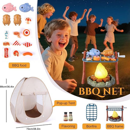 Kids Camping Playset with Pop Up Tent, Pretend BBQ Campfire Sets with Toy Food, Indoor Outdoor Educational Toys for Boys Girls Hiking Adventure Gifts Outdoor Playset Nature Exploration Toys