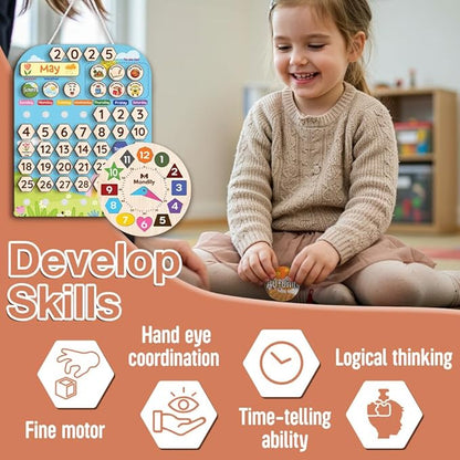 Interactive Calendar for Kids Ages 3+, Wooden Toddler Calendar, Teaching Seasons, Years, Months, Days of Week, Daily Activity Calendars for Kid Preschool & Homeschool (12 x 15 inches)