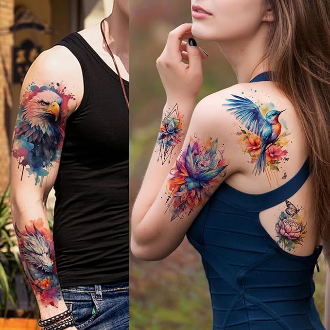 52 Realistic Temporary Tattoos for Women Adults - Long Lasting Waterproof Fake Flower Tattoo Stickers, 3D Roses Birds Wolf Floral Arm Neck Body Art for Gifts(Kids Safe)