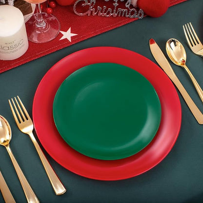 KIRE 60Pcs Plastic Plates, Premium Disposable Christmas Dinner & Dessert Plates, Modern Design, Green & Red, 30 of Each, All Seasons, 7.5inch/10.25inch, 0.1lbs, for Parties & Easter
