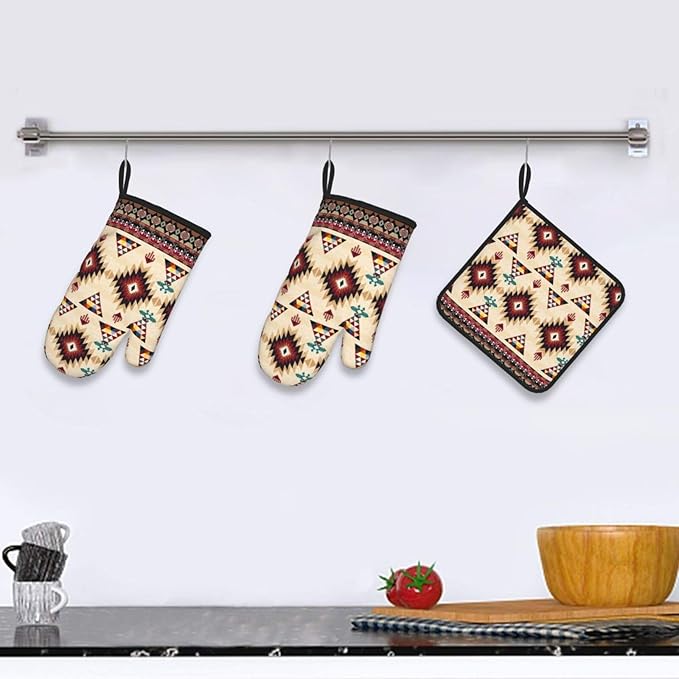 Southwestern Aztec Oven Mitts and Pot Holders Set of 3, Heat Resistant Non-Slip