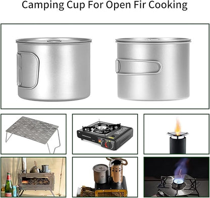 Titanium Pot 900ml & 1100ml & 1600ml Lightweight Camping Cookware for Outdoor Hiking Backpacking Travel, Non-Toxic Druable Cooking Pot with Lid & Folding Handle