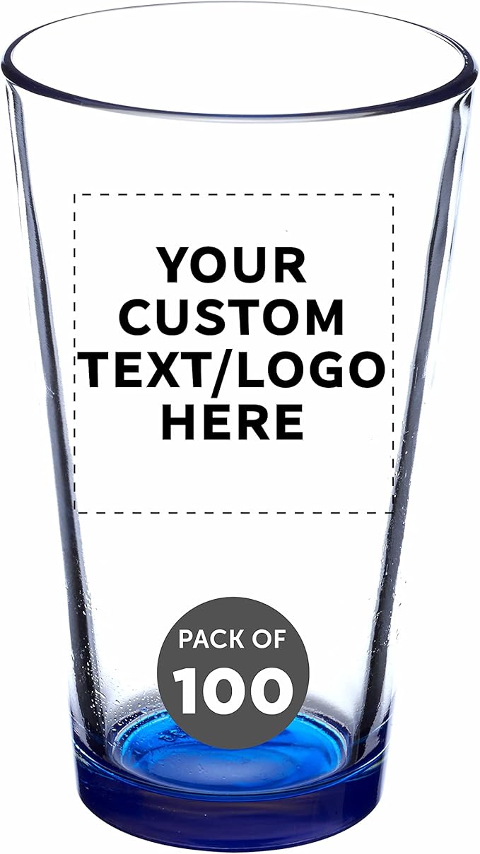 Custom Libbey Pint Glass 16 oz. Set of 100, Personalized Bulk Pack - Beer Glasses, Heavy Duty Drinkware - Blue