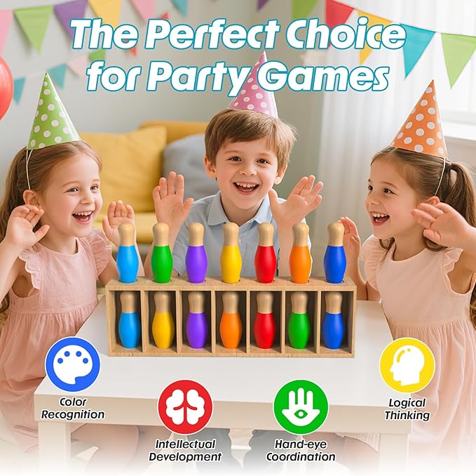 Color Matching Toy Set for Kids, Wooden Bowling Color Matching Game with 7 Bright Pins and Storage Bag, Matching Games for Kids Family Party Birthday Gift, Fun Party Game for Boys Girls