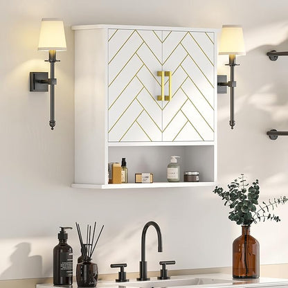 White Chevron Pattern Bathroom Wall Mount Cabinet, Stylish Hanging Medicine