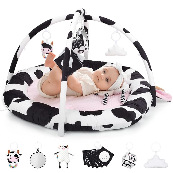 Pink Cow Baby Play Gym,Tummy Time Mat with 6 Sensory Toys, Extra Thick Soft Baby Play Mat for Floor, Newborn Essentials Christmas Gift 0-3-6-9-12 Months