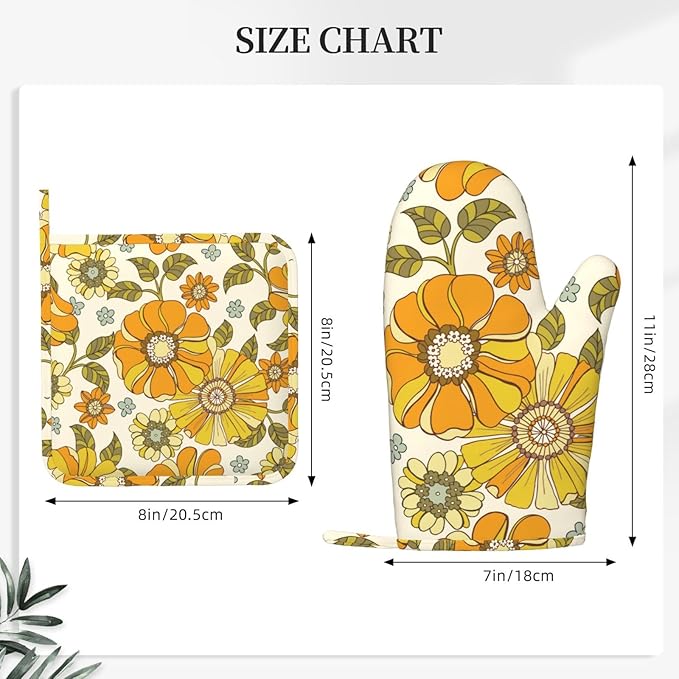 Retro 70s Style Flower Oven Mitts and Pot Holders Sets Silicone Kitchen Mitts