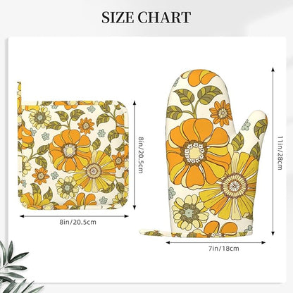 Retro 70s Style Flower Oven Mitts and Pot Holders Sets Silicone Kitchen Mitts