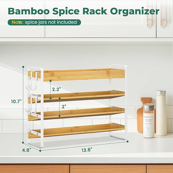 EsLuker.ly Spice Seasoning Rack Organizer Kitchen Countertop, 4 Tier Bamboo