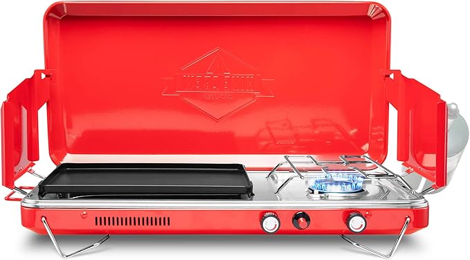 Hike Crew 2-in-1 Gas Camping Stove and Griddle, Portable Propane Burner w/Integrated Igniter & Stainless Drip Tray | Built-in Carrying Handle, Foldable Legs & Wind Panels | Includes Regulator