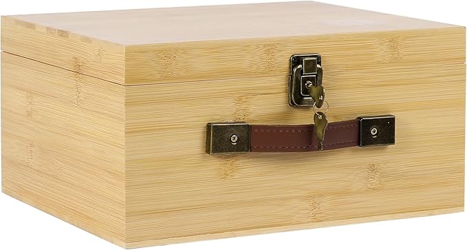 ANMINY Wooden Keepsake Memory Box with Locking Lid Bamboo Wood Storage Box with Hinged Lid & PU Leather Handles Large Decorative Wooden Chest Box for Crafts Stash Gifts - Natural, 12"L x 10"W x 6"H