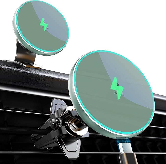 MOKPR for Magnetic Car Mount Charger-15W Wireless Car Charger-Magnetic Car Phone Holder for Dash Air Vent-LED RGB HandsFree Car Mount Fast Car Charger for iPhone 14/13/12 Series,Green