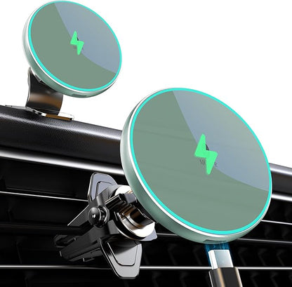 MOKPR for Magnetic Car Mount Charger-15W Wireless Car Charger-Magnetic Car Phone Holder for Dash Air Vent-LED RGB HandsFree Car Mount Fast Car Charger for iPhone 14/13/12 Series,Green