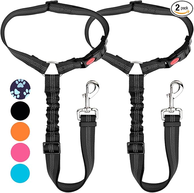 Lukovee Dog Car Seat Belt, 2 Pack Headrest Restraint Seatbelt, Adjustable Pet Safety Leads with Reflective Elastic Bungee for Dog Harness Collar Travel Daily Use (Black,Headrest)
