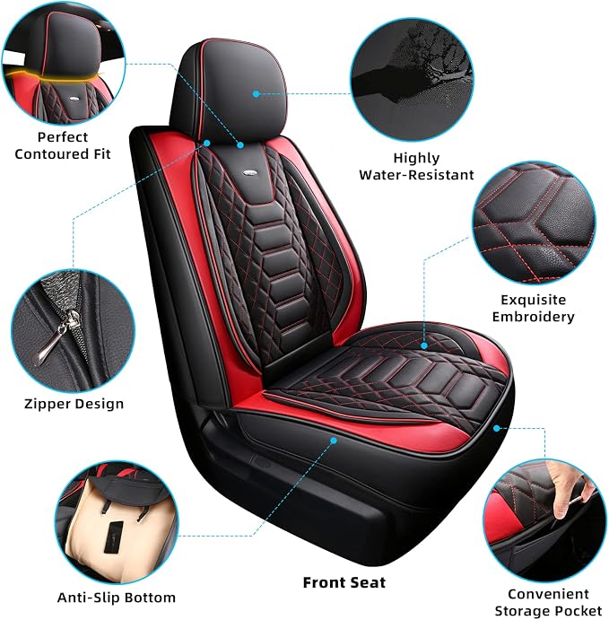 FREESOO Tundra Seat Covers 2007-2013, Fit for Toyota Tundra Crewmax Cab 5 Seats, Custom Truck Seat Covers with Waterproof Faux Leather BlackRed
