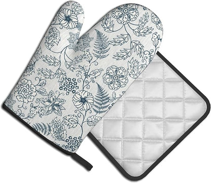 Blue Floral Oven Mitts Set – Vintage Pot Holders Kitchen Gloves