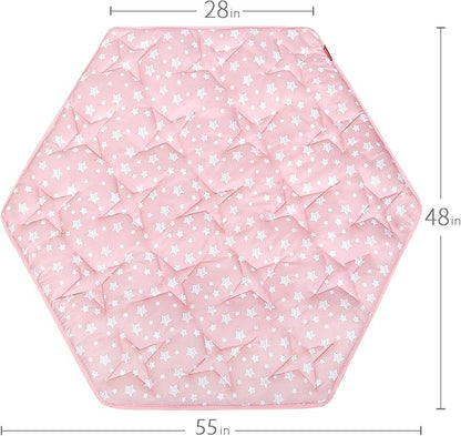 Hexagon Mat Princess Tent Rug, Plush Soft Playpen Mat Fitted for Monobeach Princess Castle, Non Slip Pink Star Nursery Rug for Baby Girl Room Decor, 55" L x 47" W