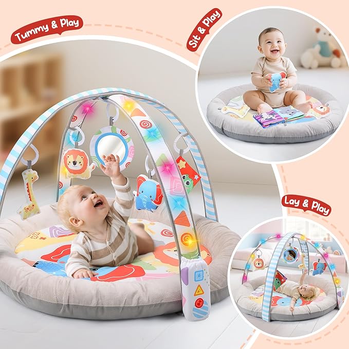 CUTE STONE Baby Gym Play Mat & Tummy Time Mat with Lights, Sounds, and Detachable Toys, Adjustable Volume Activity Gym for Infant Sensory & Motor Development, Newborn Baby Gift