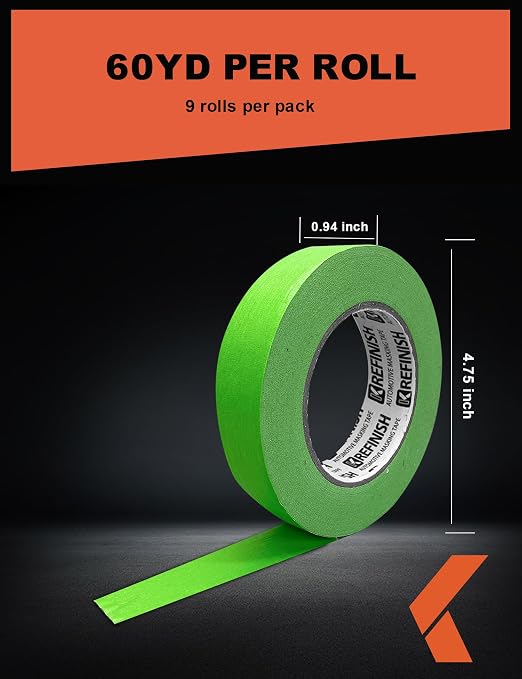 KREFINISH Painters Tape for Car Paint Green No Residue Automotive Masking Tape for Automotive Painting - Heat Resistant for Paint Booth, 1.41 Inches x 60 Yards, 9 Rolls