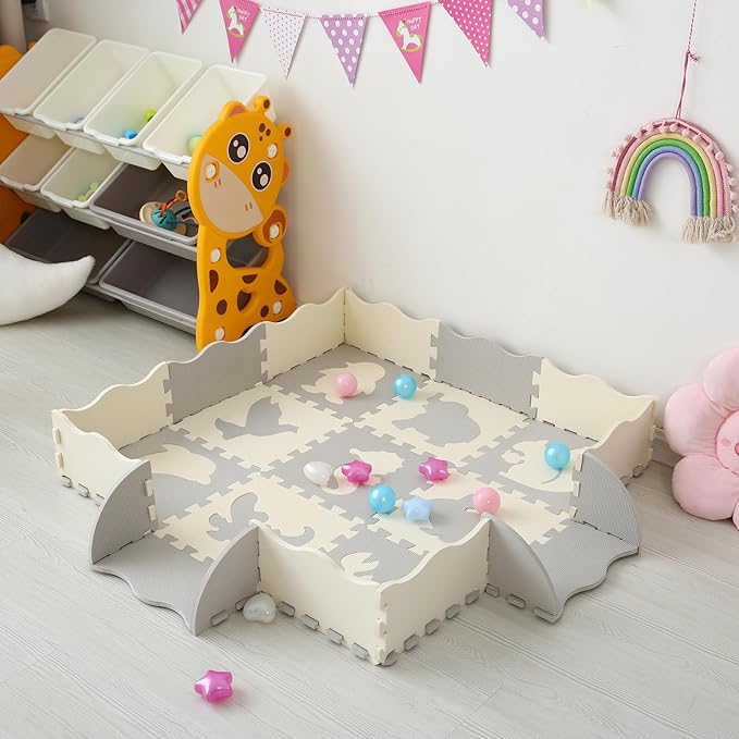 Foam Play Mat for Kids，25Pcs Square Interlocking Puzzle Floor Mat，Baby Play Mat Floor Mat Foam Puzzle Playmat for Toddlers with Fence（Animal-CSH039