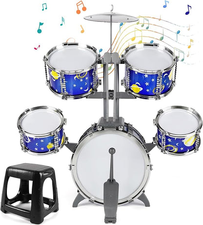 M SANMERSEN Upgraded Kids Jazz Drum Set Toddler Toy Drum Set with Stool, Plastic Rock Jazz Drum Kit Musical Toys Gift for Boys Girls 1-3 3-5