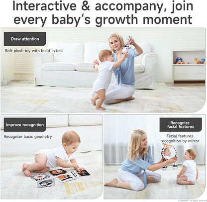 TUMAMA Black and White Baby Toys, High Contrast Tummy Time, Newborn Soft Books Mirror Rattles, Montessori Sensory 0-12 Months, Hanging Infant for Carseat Stroller Play Mat Crib