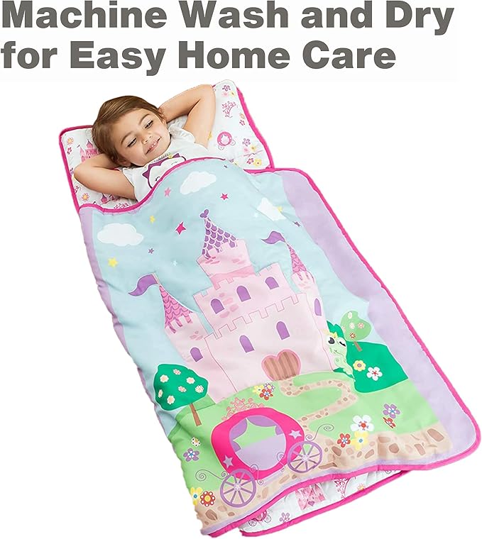 EVERYDAY KIDS Toddler Nap Mat with Removable Pillow -Princess Storyland- Carry Handle with Fastening Straps Closure, Rollup Design, Soft Microfiber for Preschool, Daycare, Sleeping Bag -Ages 2-6 years