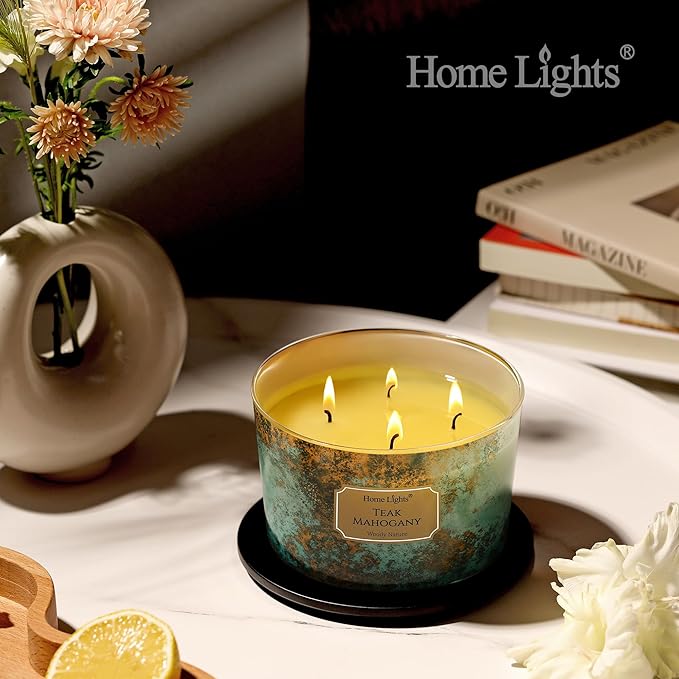 HomeLights Large jar Candle | 4-Wick Long-Lasting Scented Candles, 18oz Natural Soy Wax Candle for Home Scented, Industrial Chic Gifts for Women & Men, Teak Mahogany