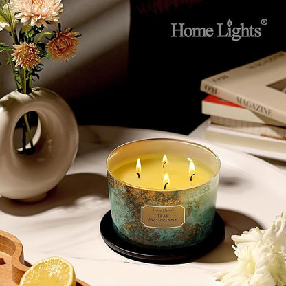 HomeLights Large jar Candle | 4-Wick Long-Lasting Scented Candles, 18oz Natural Soy Wax Candle for Home Scented, Industrial Chic Gifts for Women & Men, Teak Mahogany