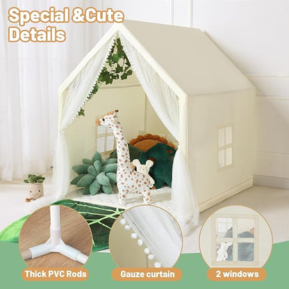 Wilwolfer Kid Tent with Mat, Star Lights - Kids Play Tents for Toddlers Kids Tents Indoor Playhouse - Princess Tent for Girls Toy House Gift (Beige with Mesh)